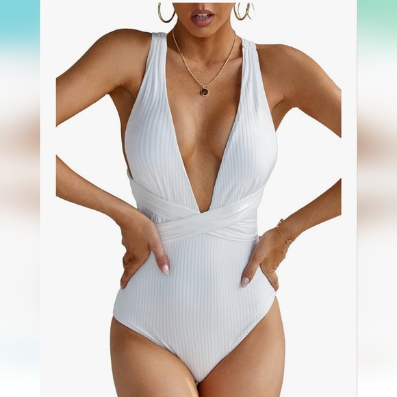 MolyBell Strappy White Ribbed One Piece Swimsuit - Picture 1 of 11